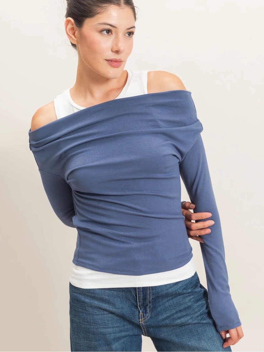 Asymmetrical Off Shoulder Layered Top – Steel Blue